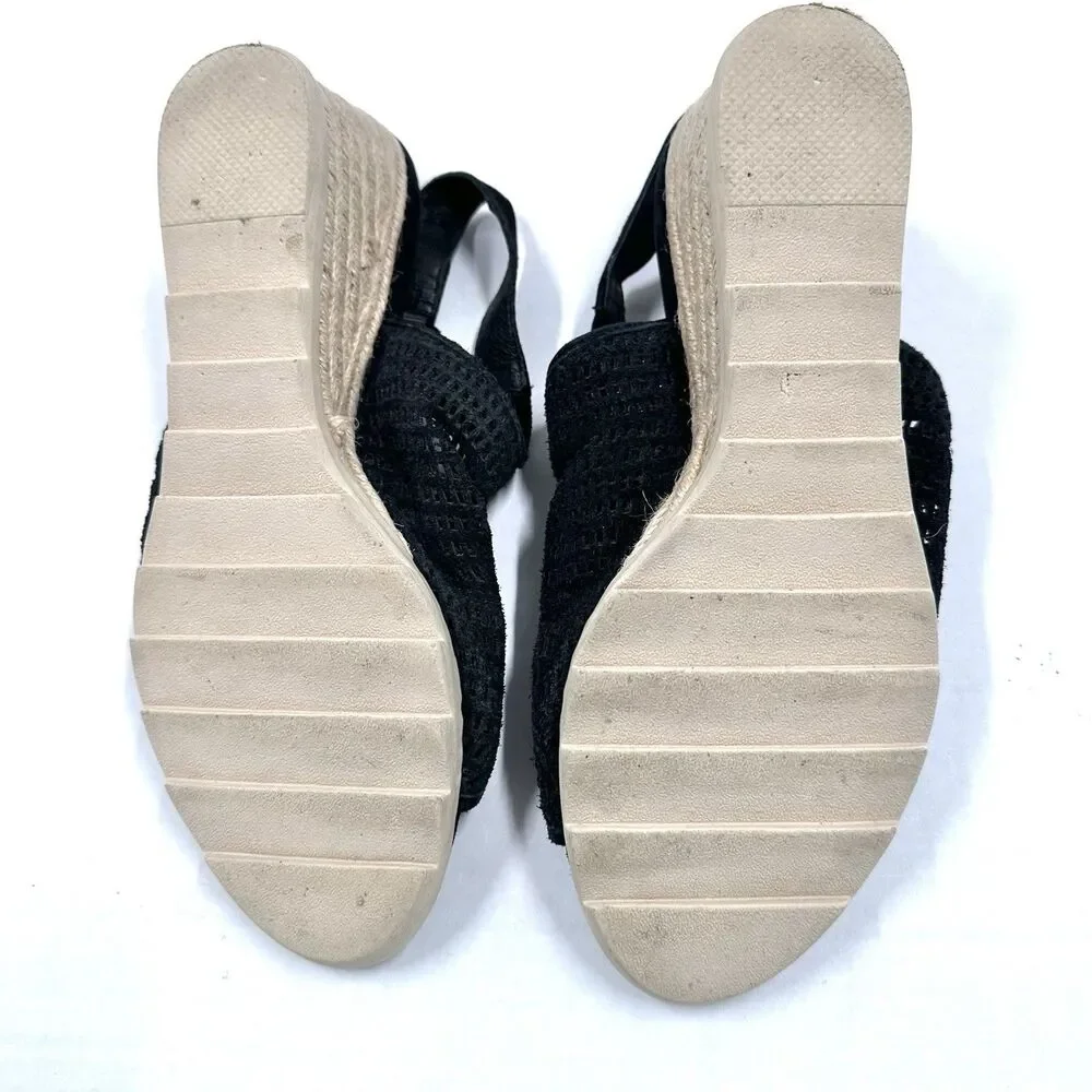 Eileen Fisher Espadrille Sandals 9 Aura Black Suede Mesh Slingback Wedge Shoes